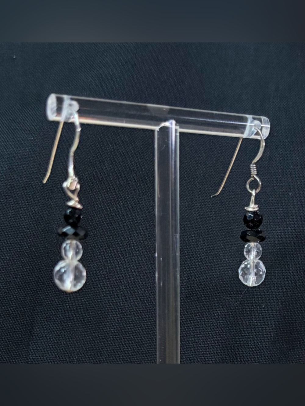 Sterling Silver Onyx and Crystal Artisan Hand Crafted Dangle Earrings - Picture 6 of 7